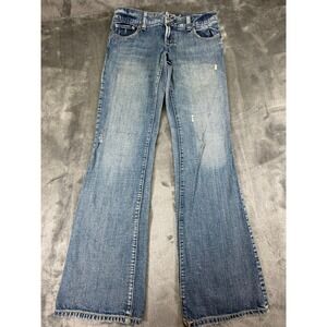 American Eagle Women's Hipster Flare Jeans Blue  Low Rise Distressed 6 Long